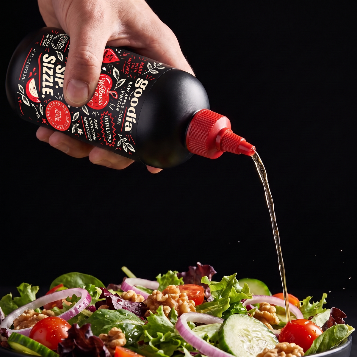 Squeezing Goodia over a fresh salad