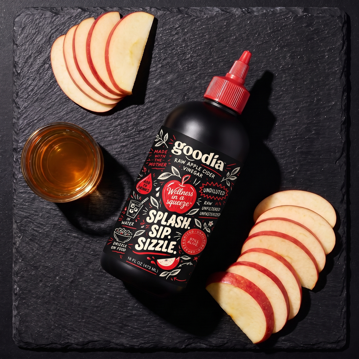 Goodia bottle flat lay with apples
