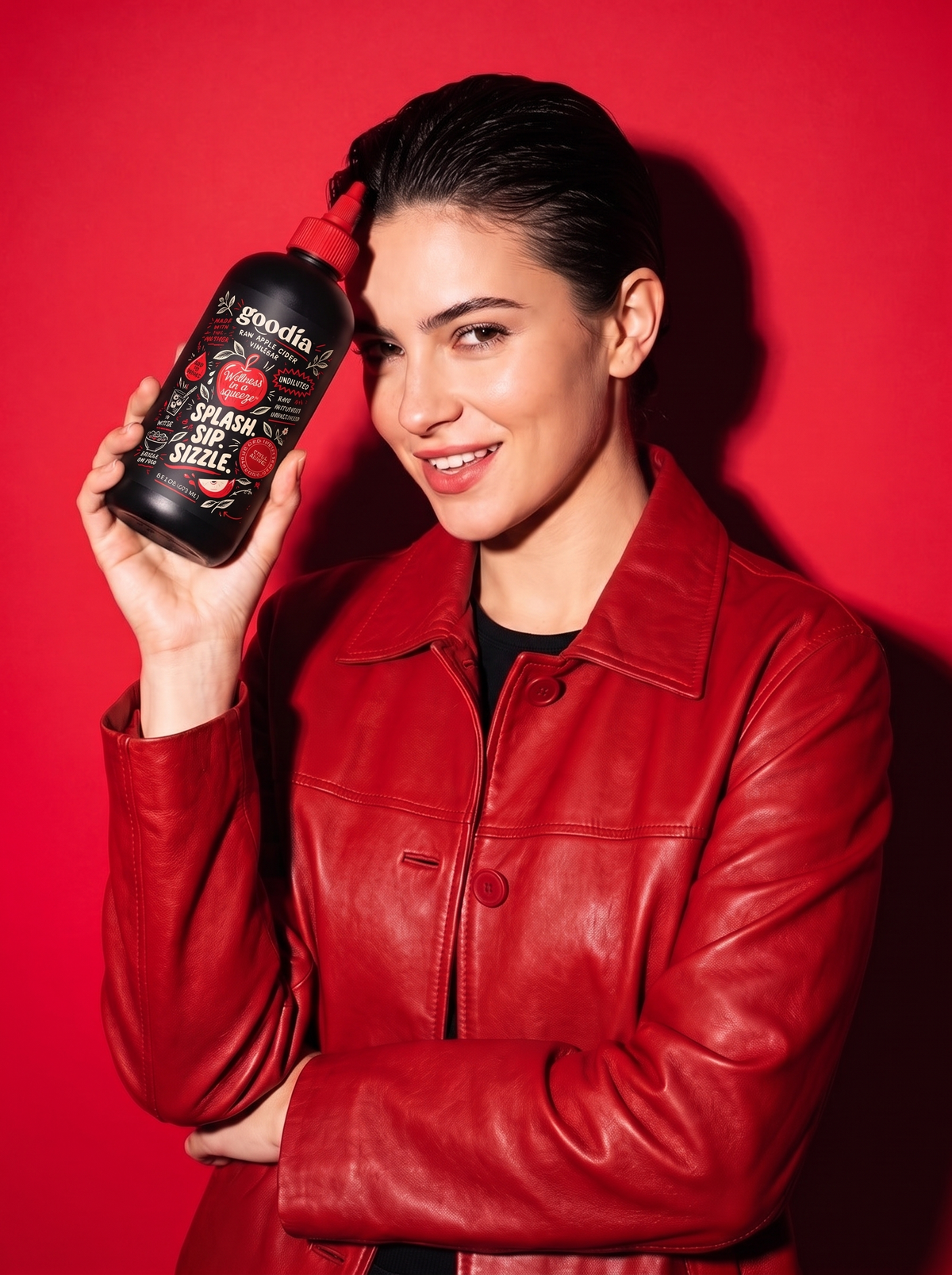 Model holding the Goodia bottle on red backdrop