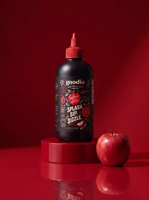 Goodia bottle on red pedestal studio shot